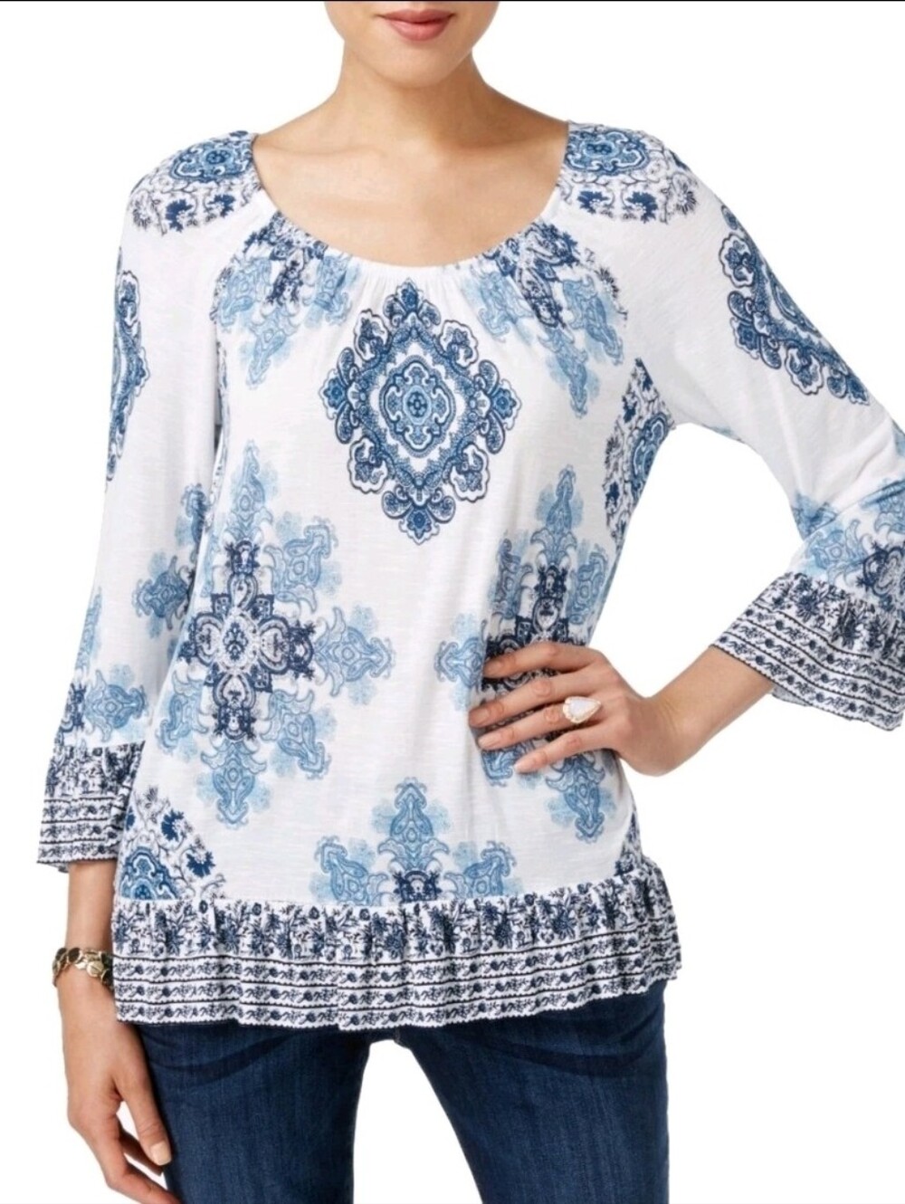 INC International Concepts White Medallion Peasant Blouse-S #028
